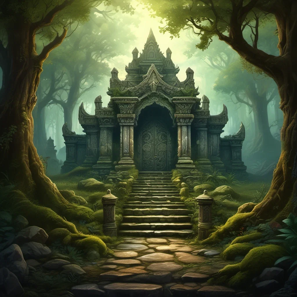 ancient elven temple oak door forest ruins