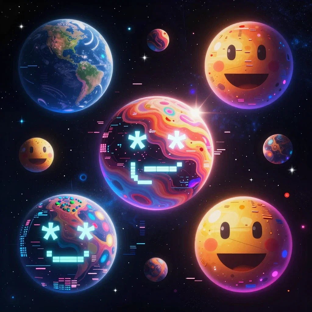 surreal collage of giant ascii emoji planets