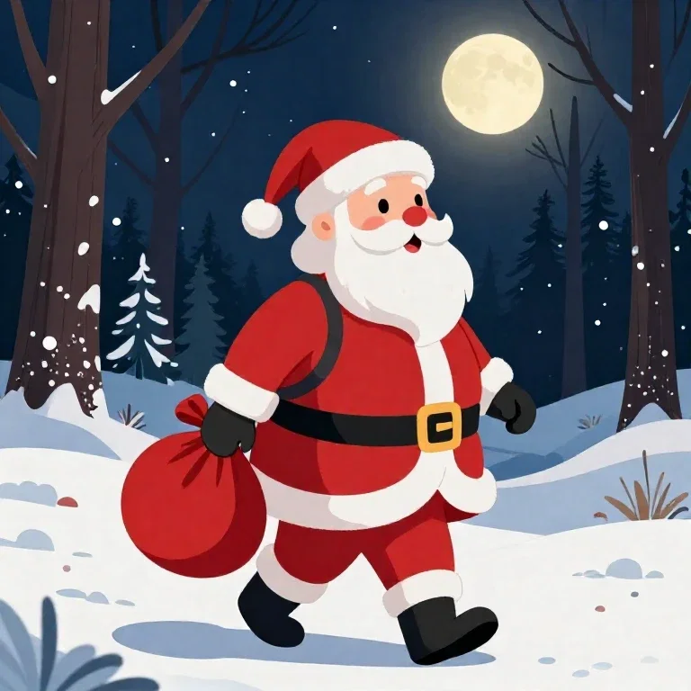 classic santa claus walking through snowy forest