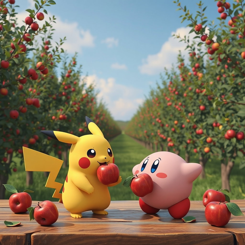 pikachu kirby sharing apples golden hour orchard