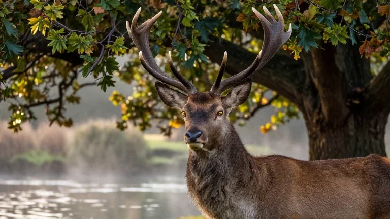 majestic stag ancient oak riverbank morning light