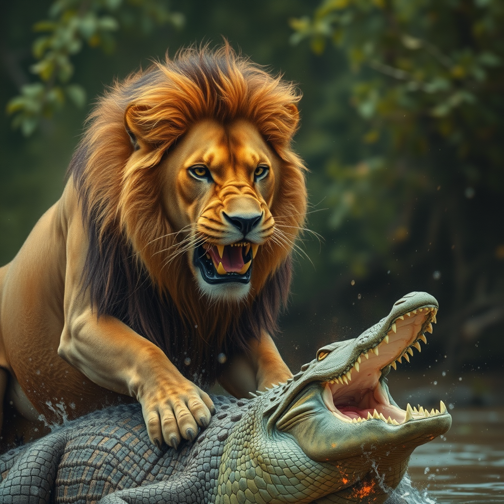 majestic lion crocodile fierce battle explosive impact churning water