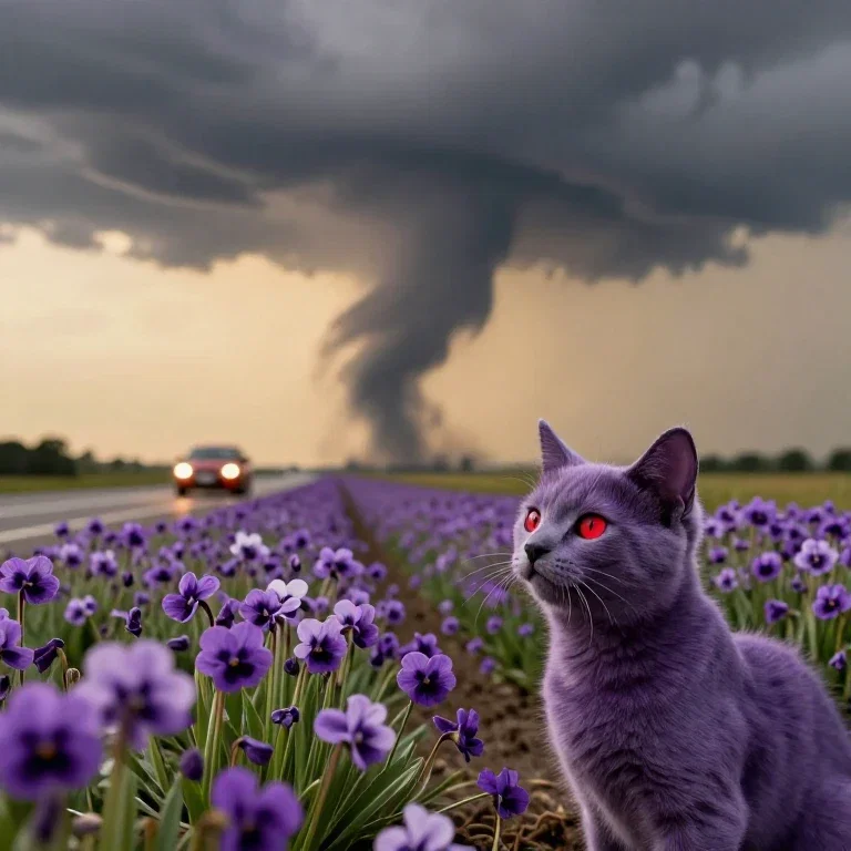 supercell storm tornado field violets highway car