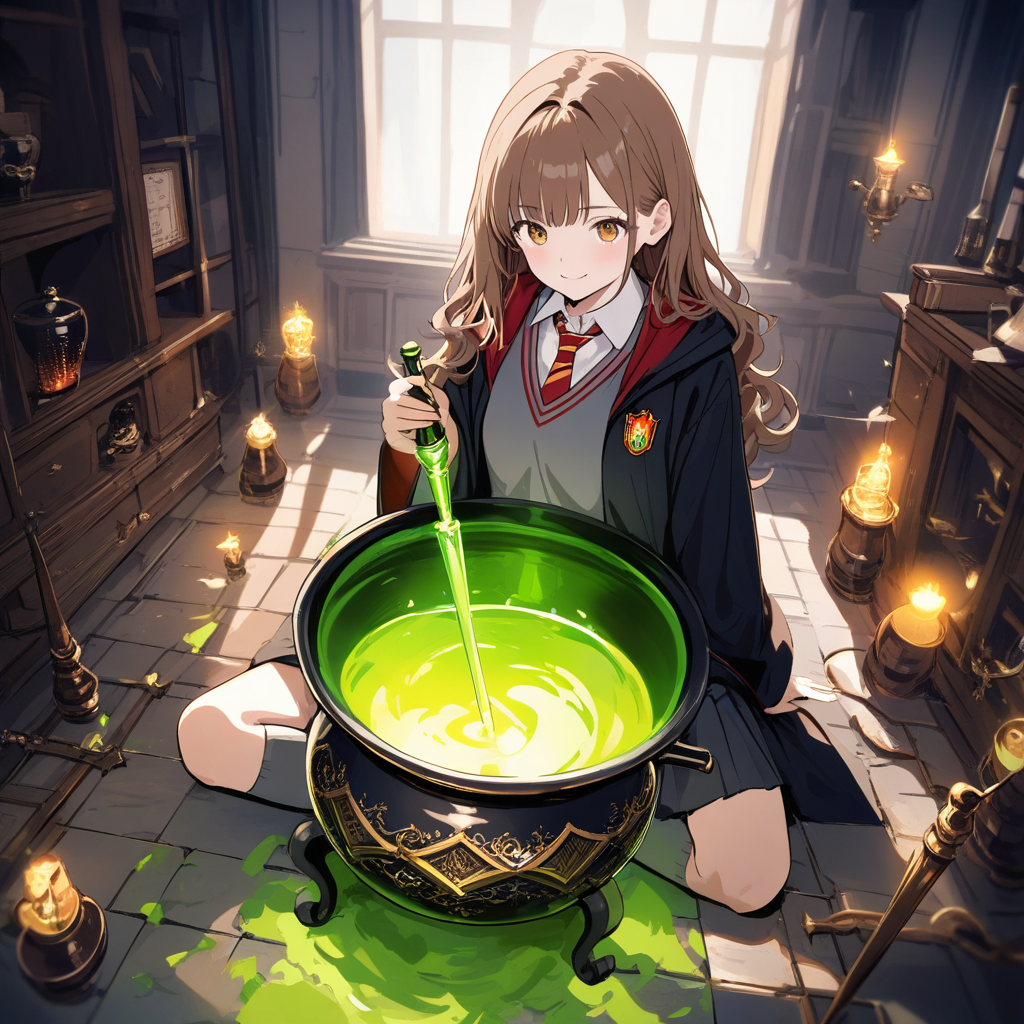 hermione granger making potion in gothic room