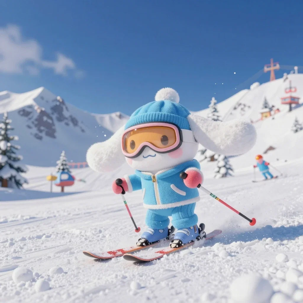 cinnamoroll skiing snowy mountain scene