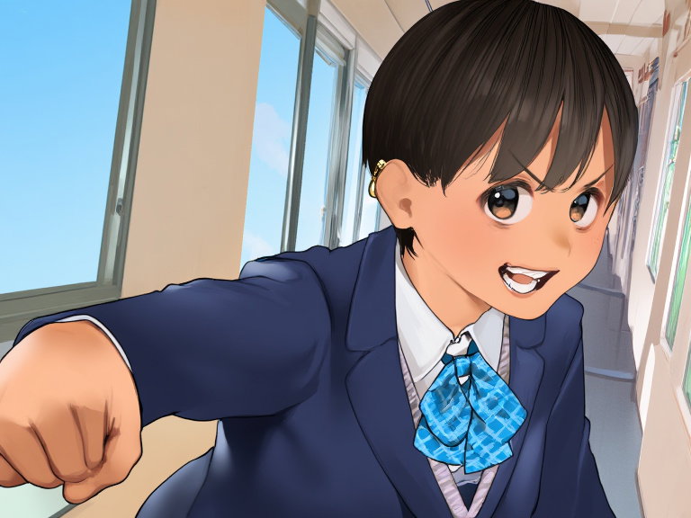 anime schoolgirl fist bump hallway