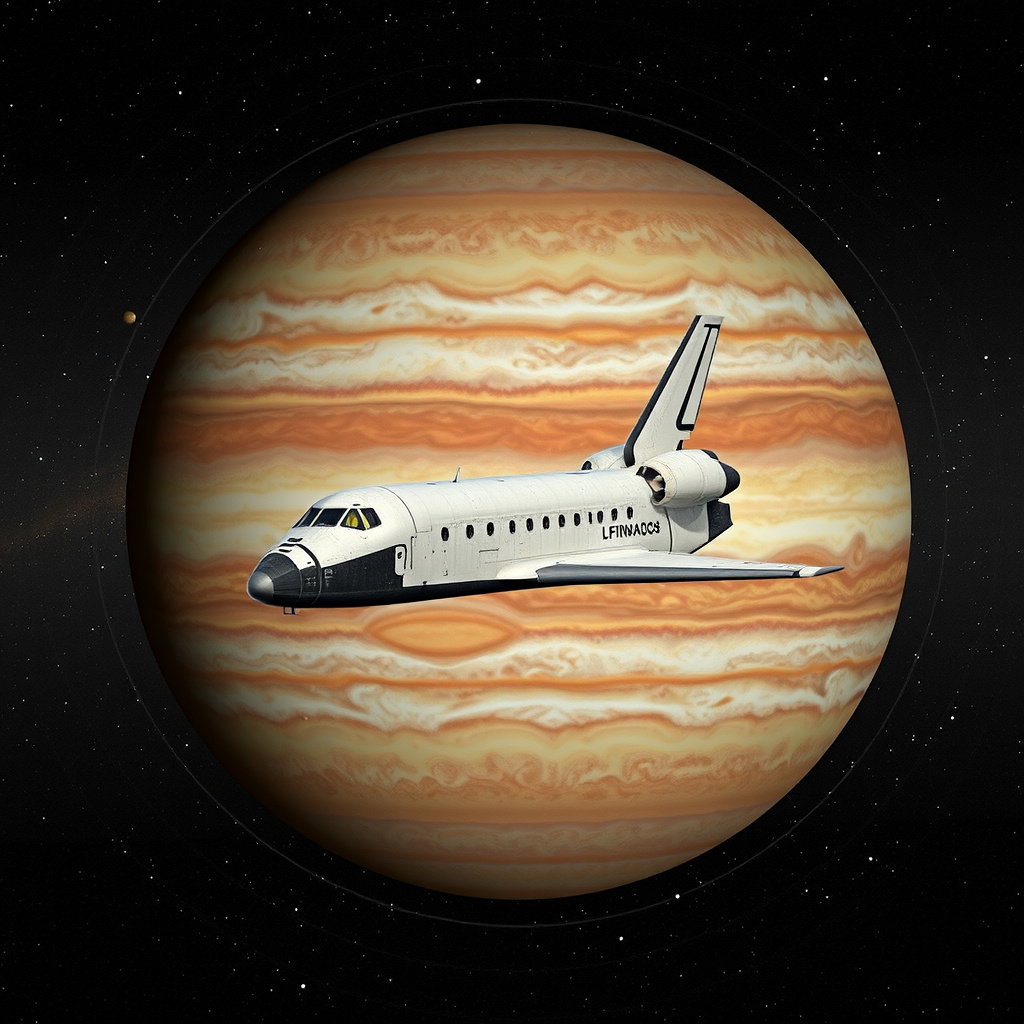 photorealistic sleek space shuttle jupiter clouds stars