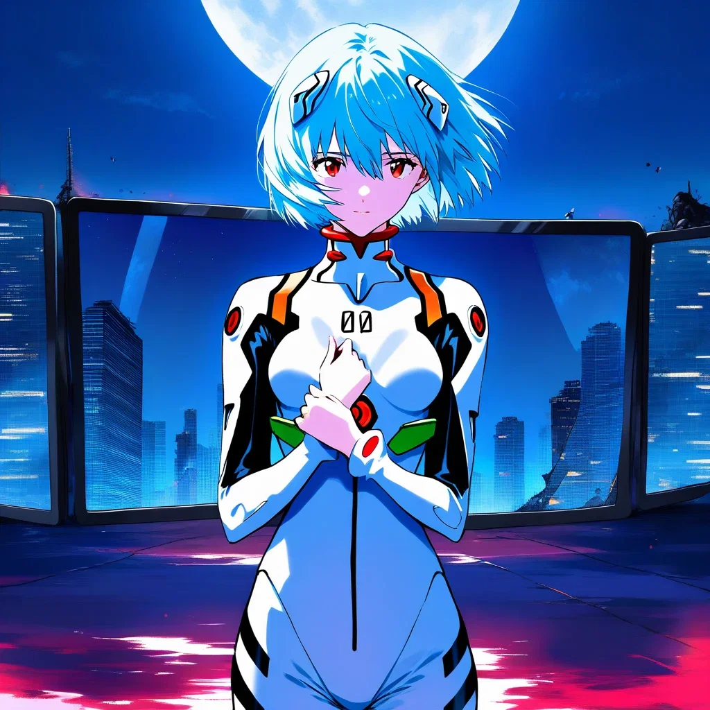 rei ayanami evangelion night moon destroyed skyscrapers