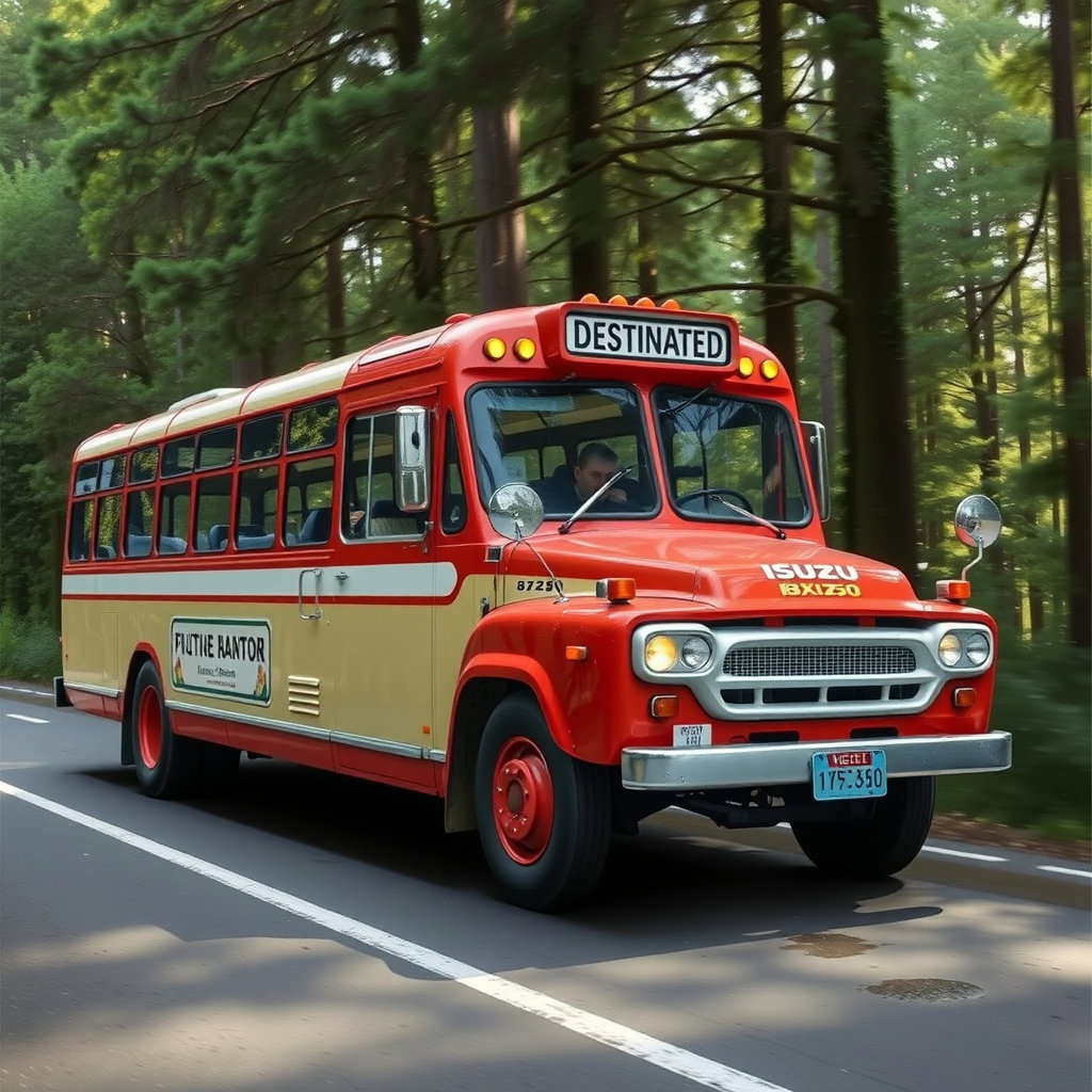red cream isuzu bus sunset forest road