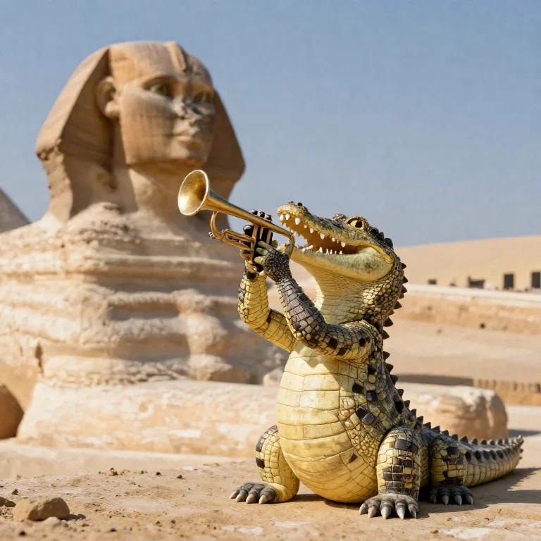 crocodile playing trumpet at sphinx