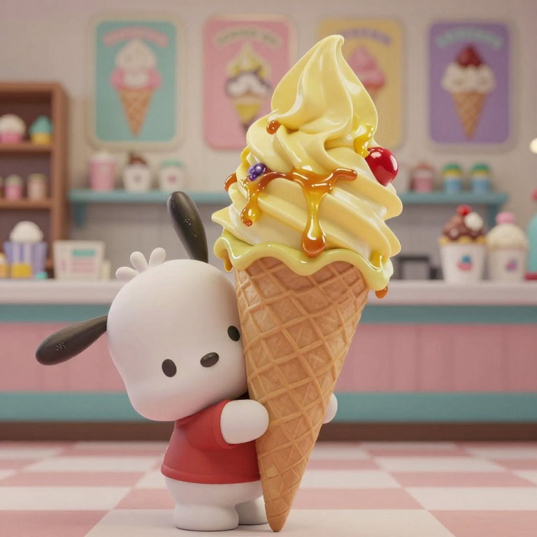 pochacco holding colossal banana sundae