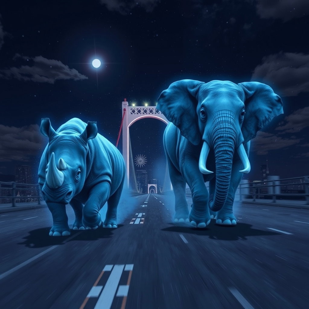 blue rhinoceros elephant racing tokyo night