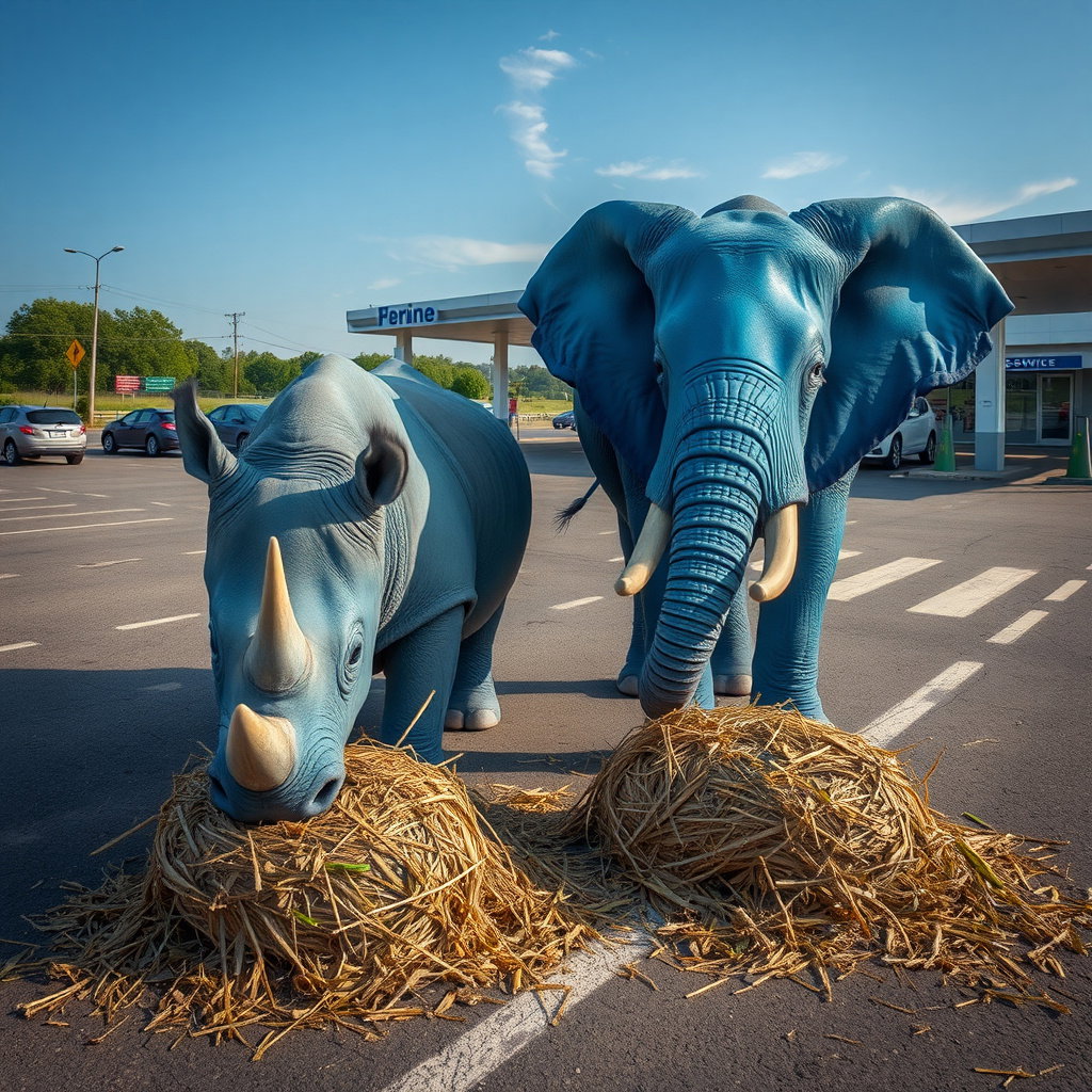 cerulean rhinoceros elephant chewing hay highway station