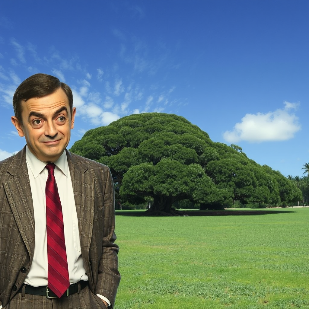 mr bean contemplating monkeypod tree hawaii