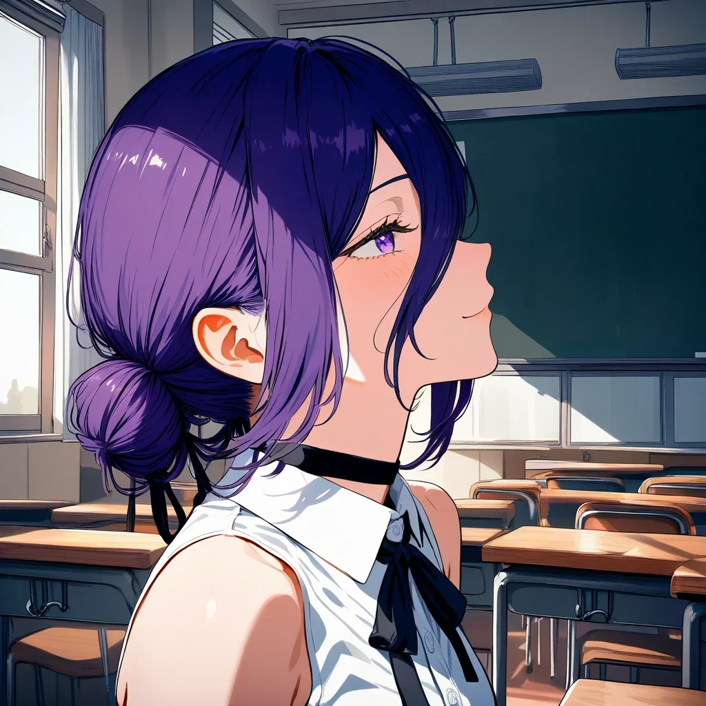 reze chainsaw man purple hair smiling oil painting