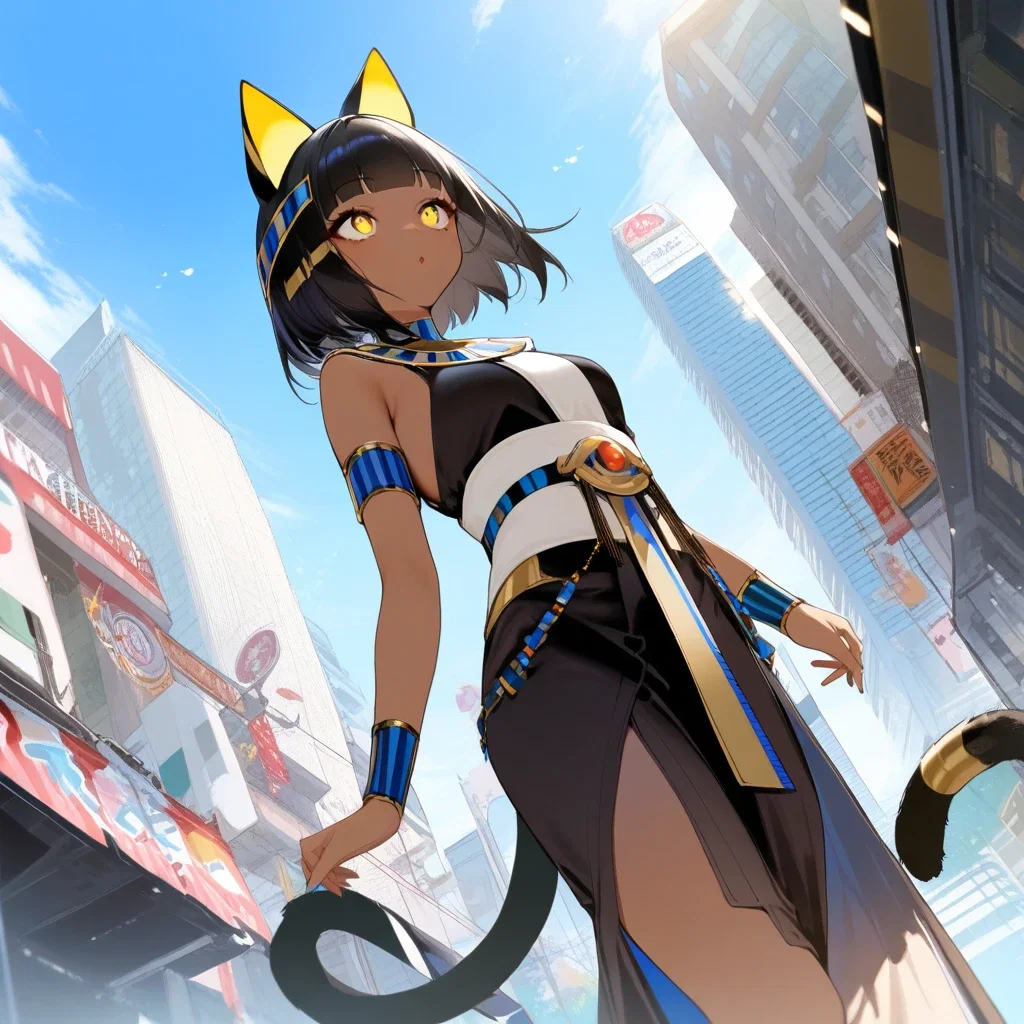 cat girl ancient egyptian modern japanese city