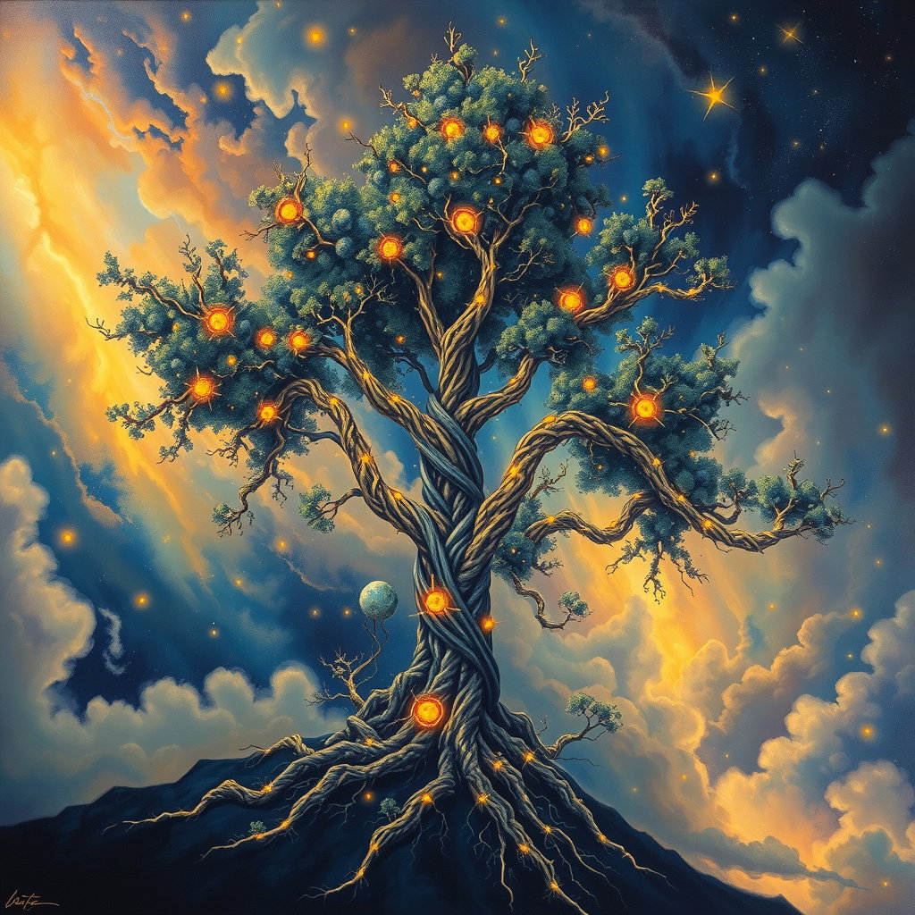 surreal bioluminescent wired trees fractal roots glowing data
