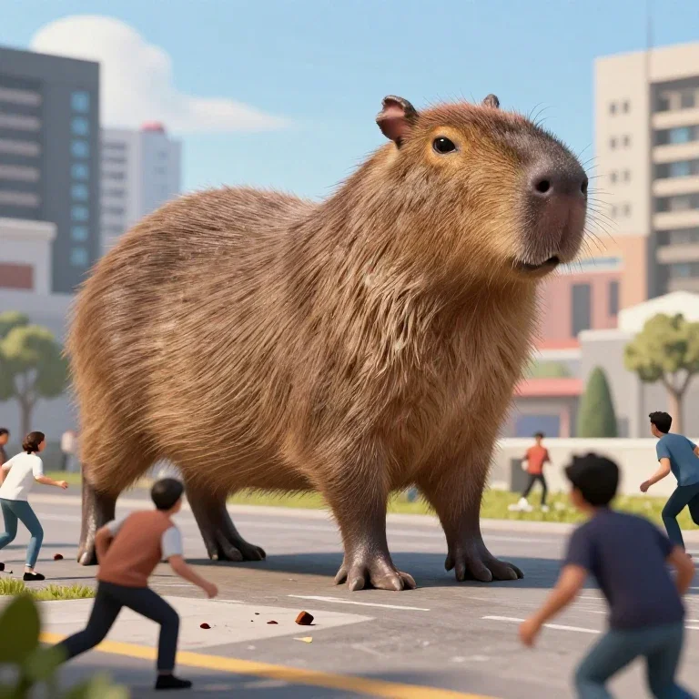 giant capybara destroying city frightened humans flee