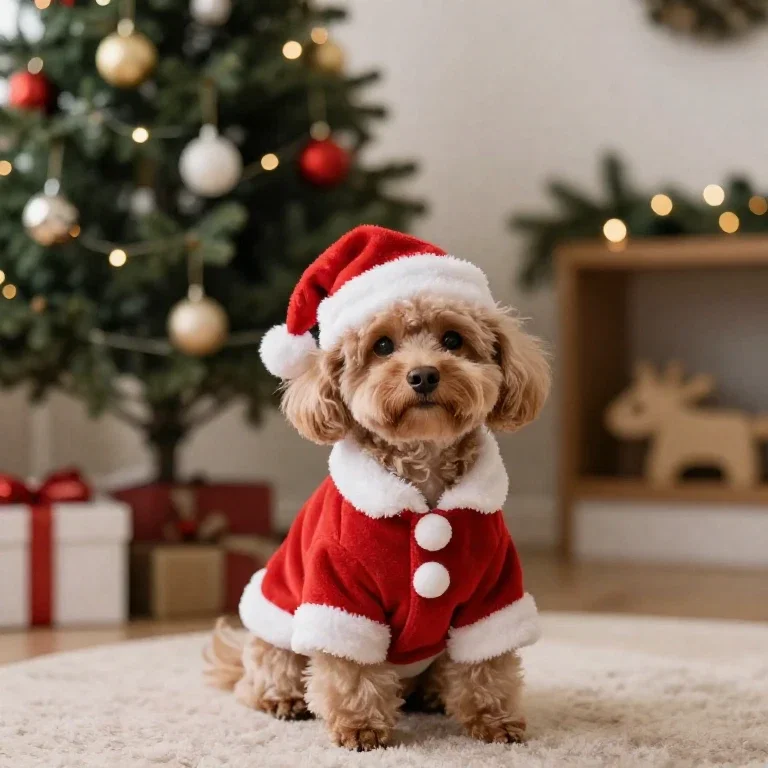 cute dog in santa outfit by christmas tree