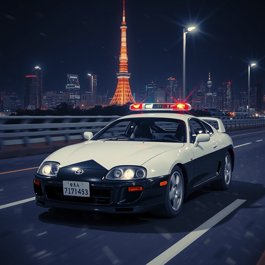 white black toyota supra police cruiser neon reflections red siren