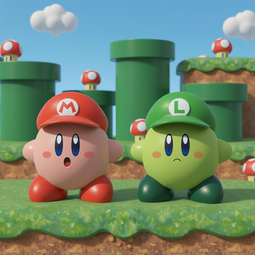 pink kirby mario cap green luigi pipe mushroom