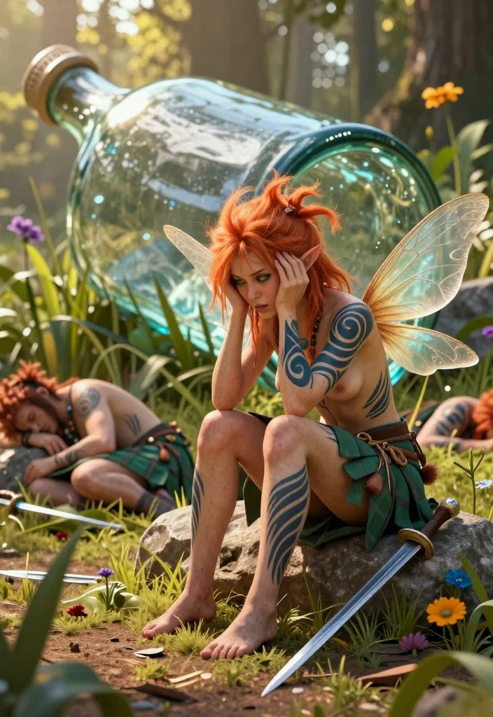 groggy female faerie hangover forest clearing