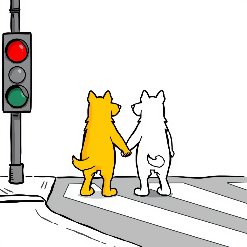 simple line drawing style comic background light colored simple lines road opposite side two humanoid dogs one yellow one white