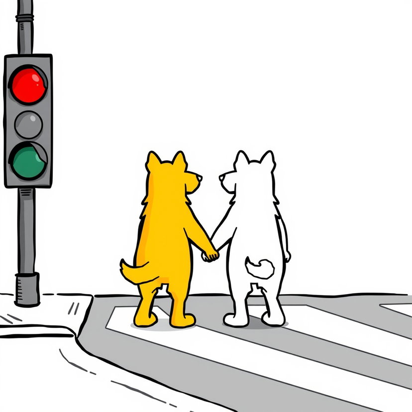 road opposite side two humanoid dogs one yellow one white