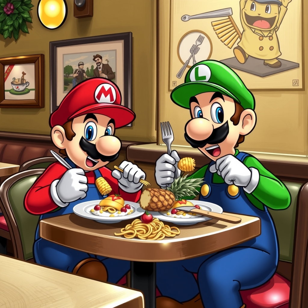 mario and luigi eating pasta with pineapple