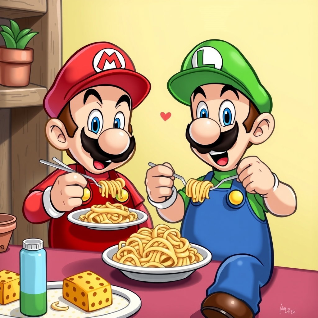 mario and luigi eating pasta with pineapple