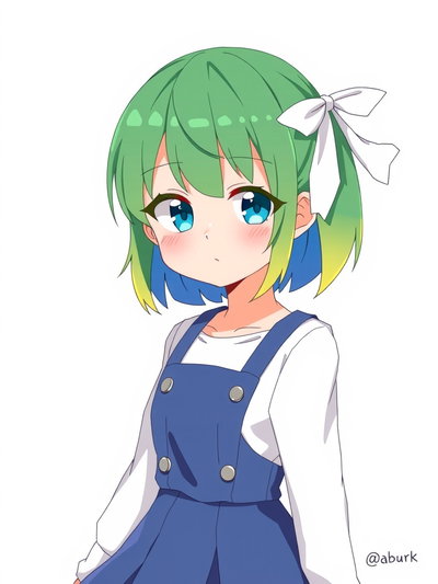 cobalt green white ribbon hair accessory blue suspenders skirt white