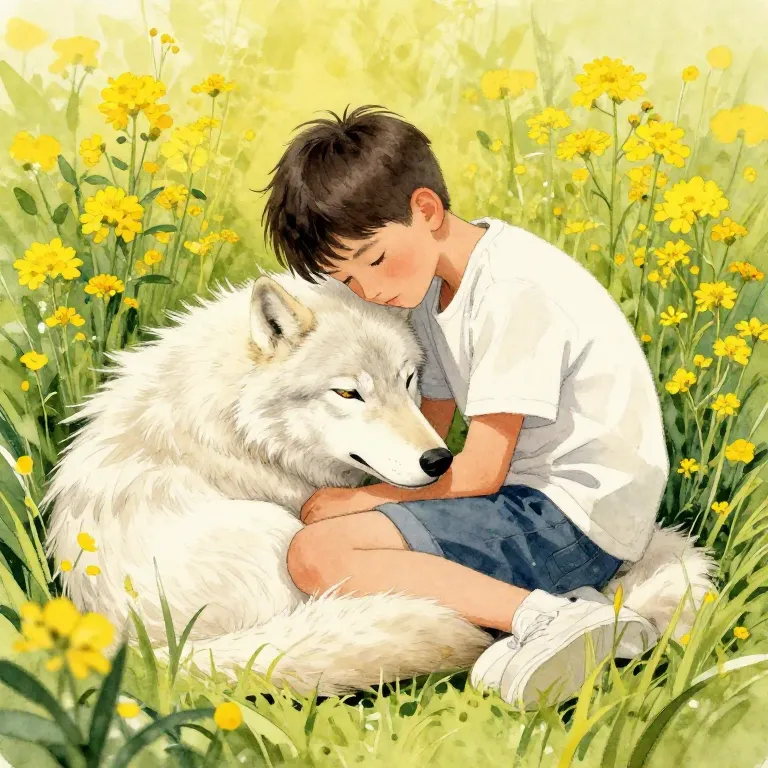 A boy curled up next to a wolf