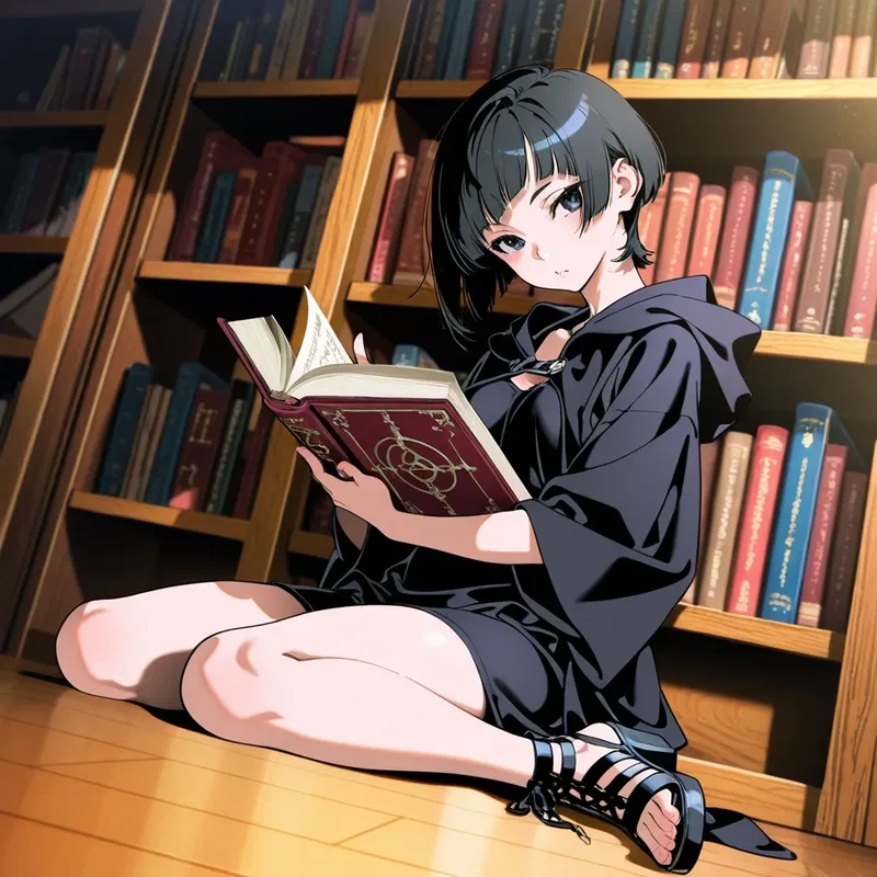 魔導書を座り込んで読む魔法使いの女の子