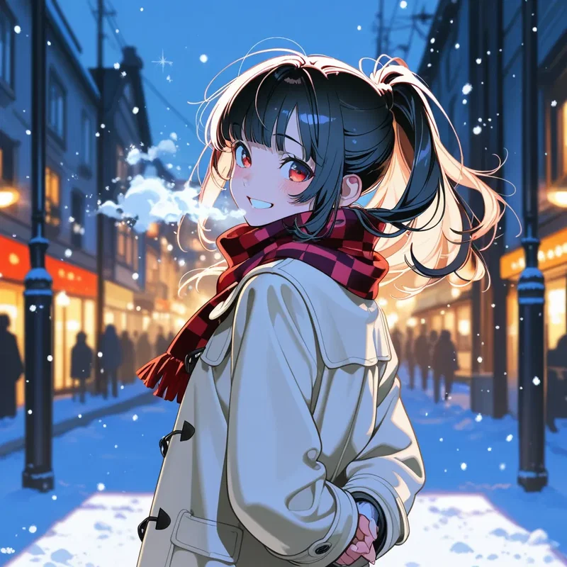 雪の降る街をデート中の女の子２