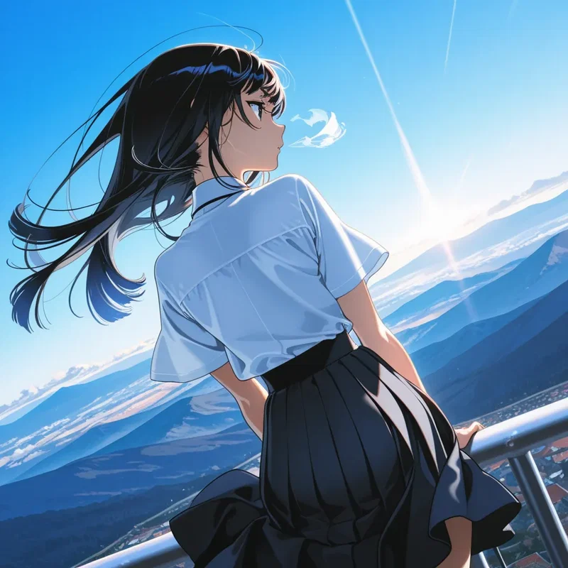 見晴らしのいい山の展望台で全身に風を受ける女の子