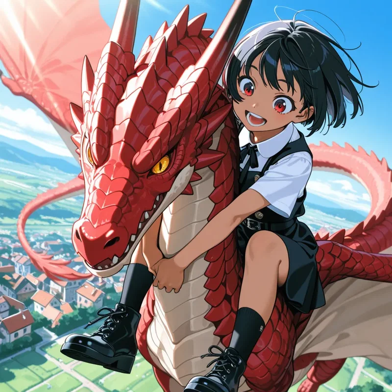 【竜と少女・第五章】竜の背中に乗って空を飛んでいる少女(B)