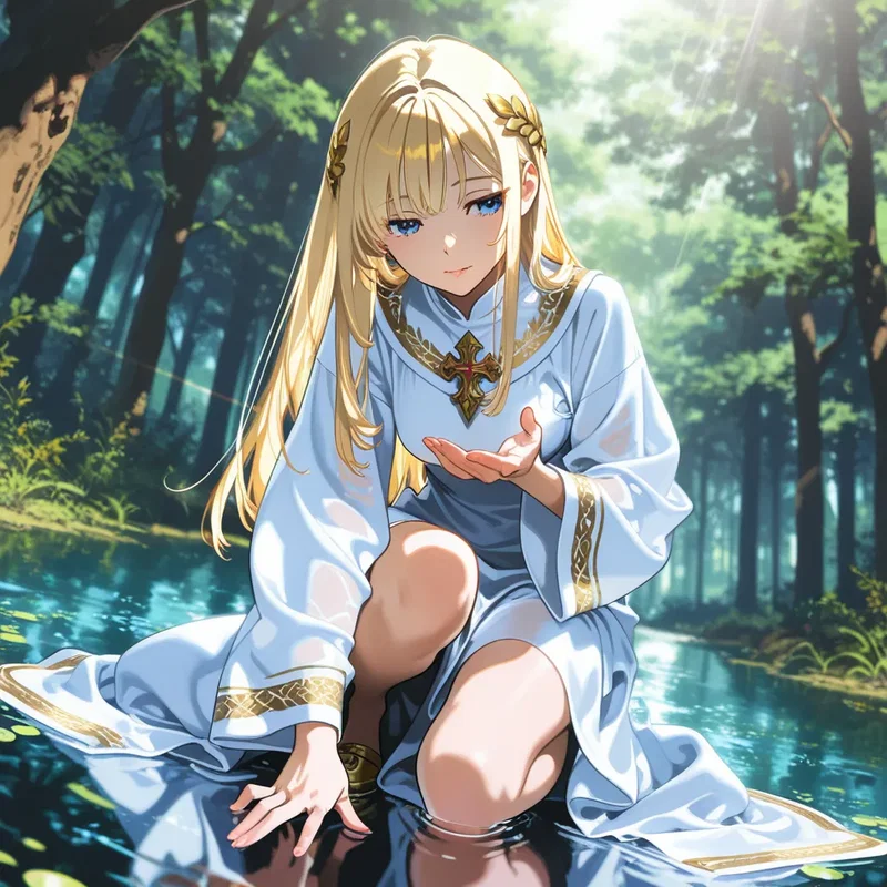 神聖な森の泉のほとりで片膝をつき、水面に手を伸ばしている聖女