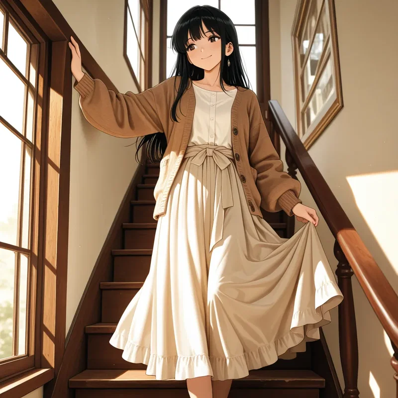 階段から降りてくるロングスカートのお姉さん