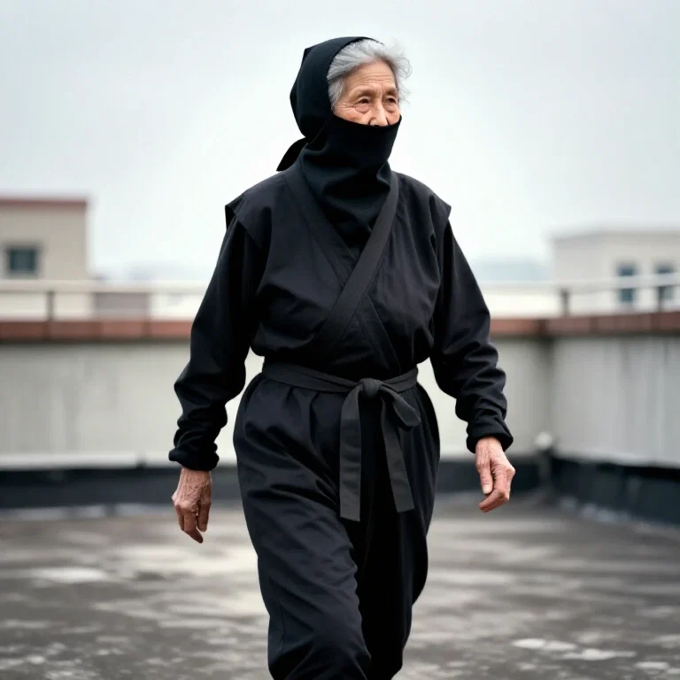 old grandmother walking on rooftop