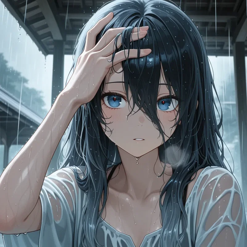 突然の土砂降りでビショビショになった女の子１