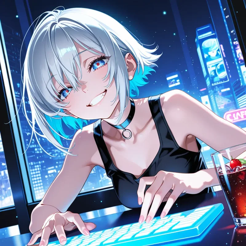 夜のサイバーカフェのテラス席で、立体ホログラムキーボードを両手の指先で激しく叩きつけハッキング行為をしている銀髪の少女
