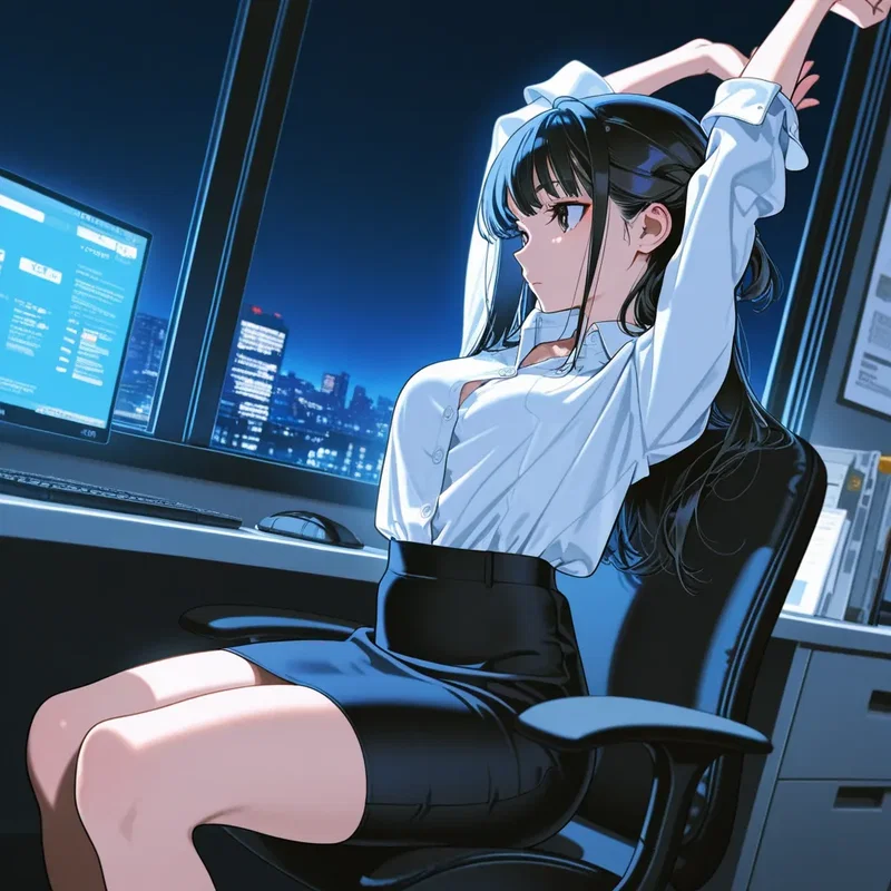 残業がようやく終わって背伸びするオフィスレディのお姉さん