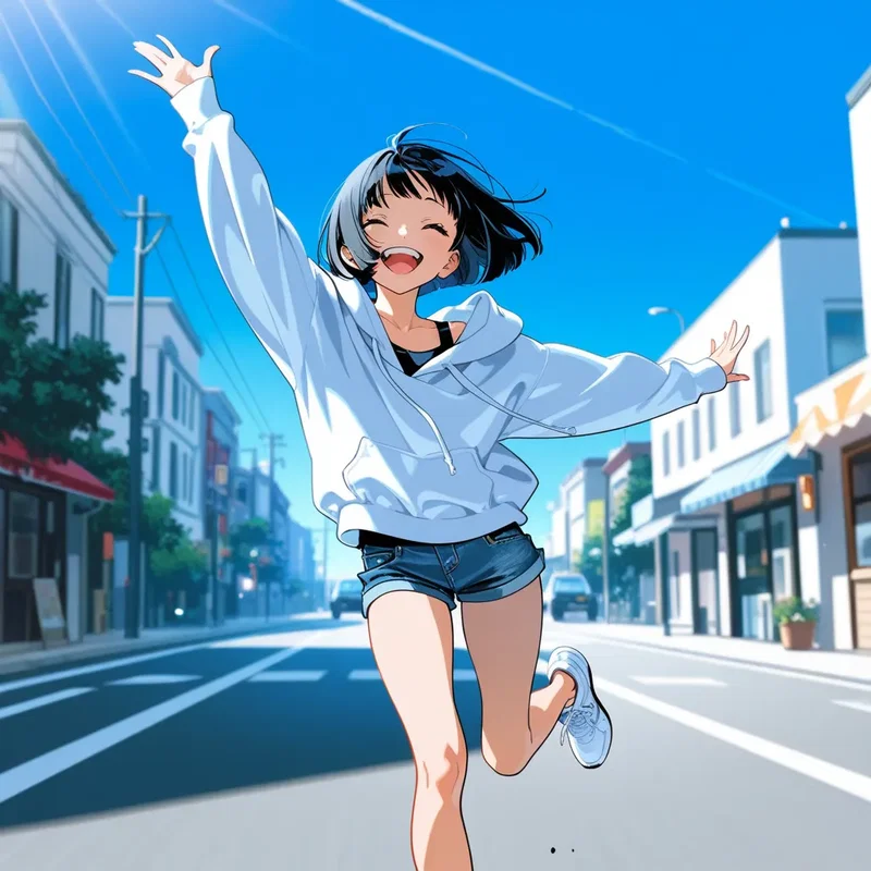 待ち合わせ場所にあなたが現れた瞬間、嬉しさが抑えきれずに「おーい！」と両手を大きく振って、満面の笑顔でこちらに駆け寄ってくる女の子２