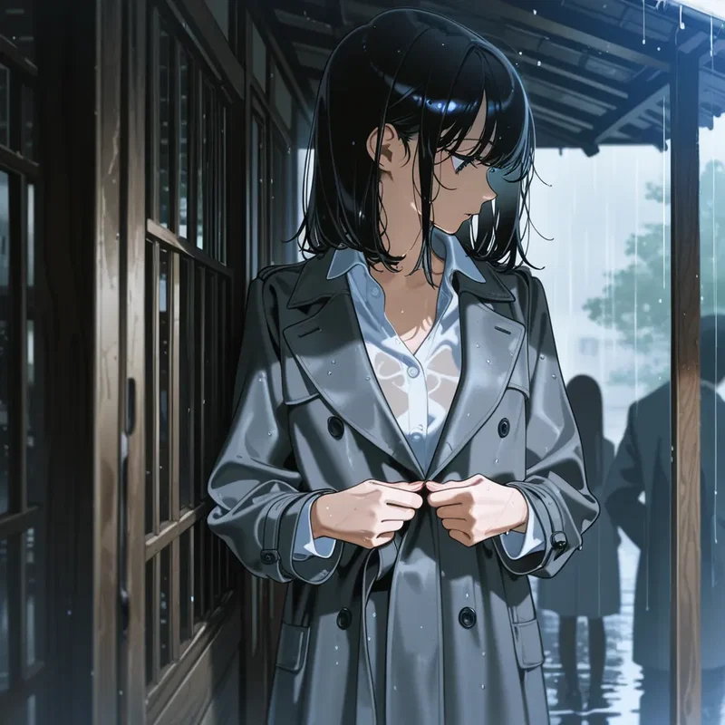 突然の雨で着ていたトレンチコートがビショビショに濡れてしまったのでボタンを外す女の人