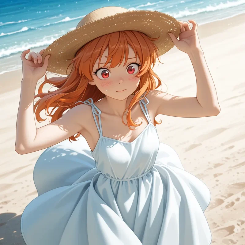 海風に麦わら帽が飛ばされそうになるところを人に見られてちょっと恥ずかしい女の子