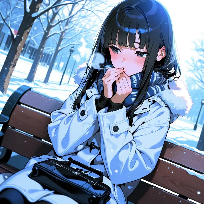 冬の寒い中、ベンチに座って息を吹きかけ手を温めている少女