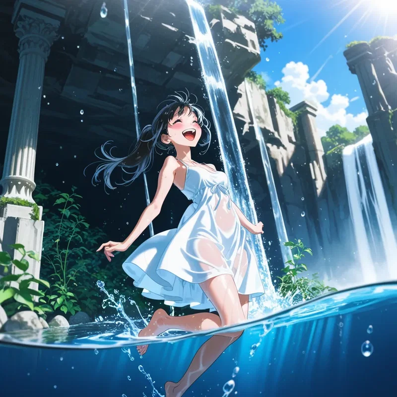 水が流れ落ちる神殿と白いワンピースの女の子