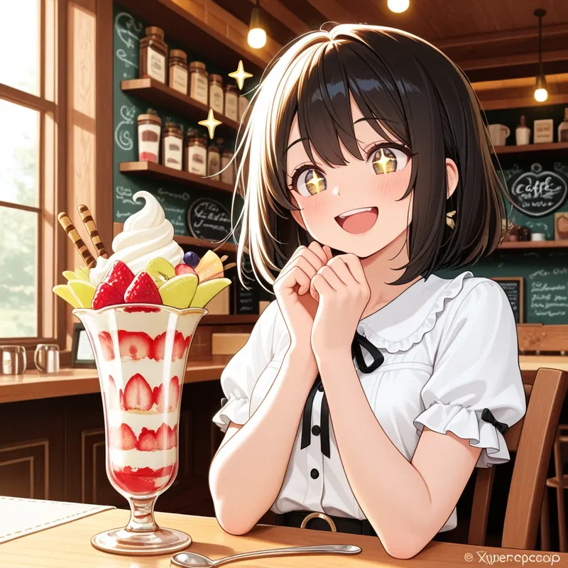 特大パフェに感激する少女