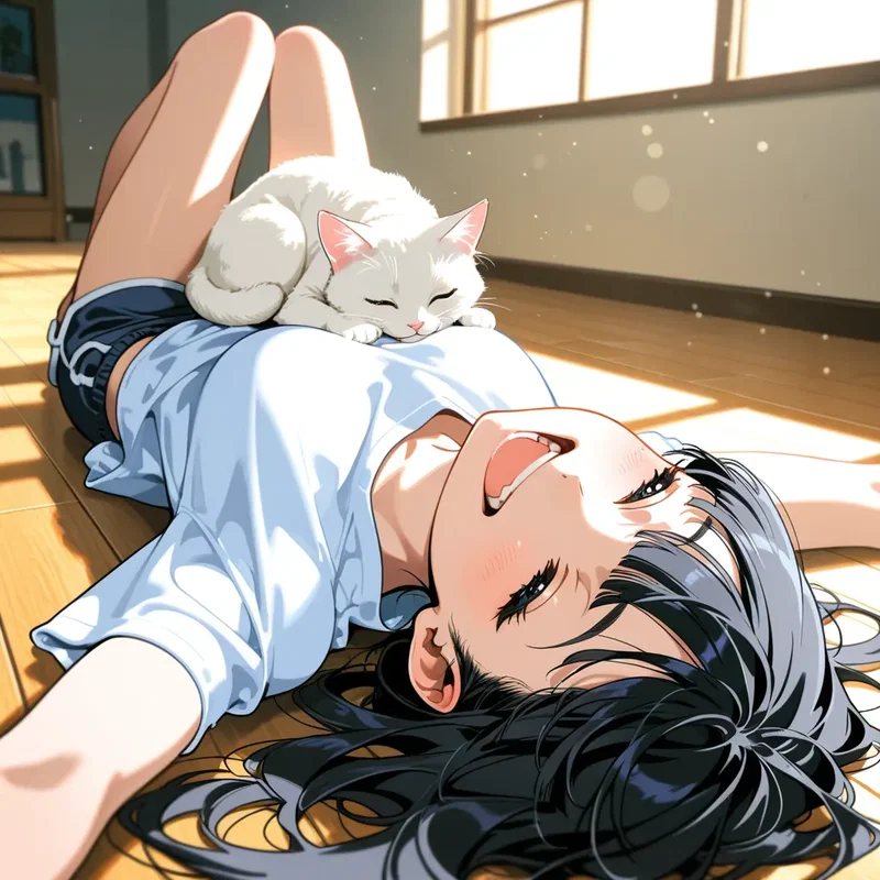 暖かそうな陽だまりのフローリングで仰向けに寝転がっていたら猫も一緒になって寝てしまい笑ってしまう少女