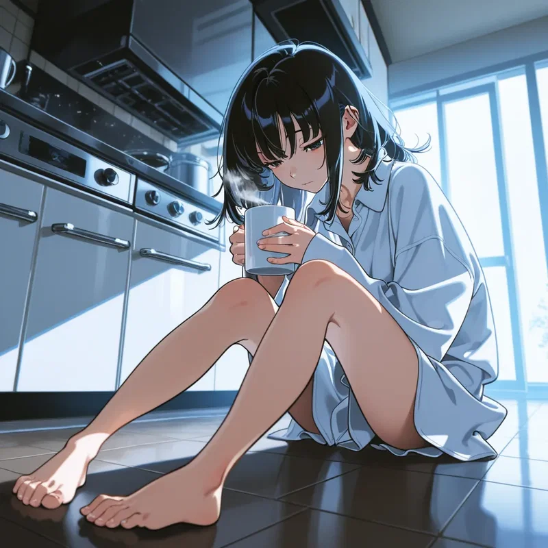 朝に弱いためだらしなくキッチンの床に座り込む女の子